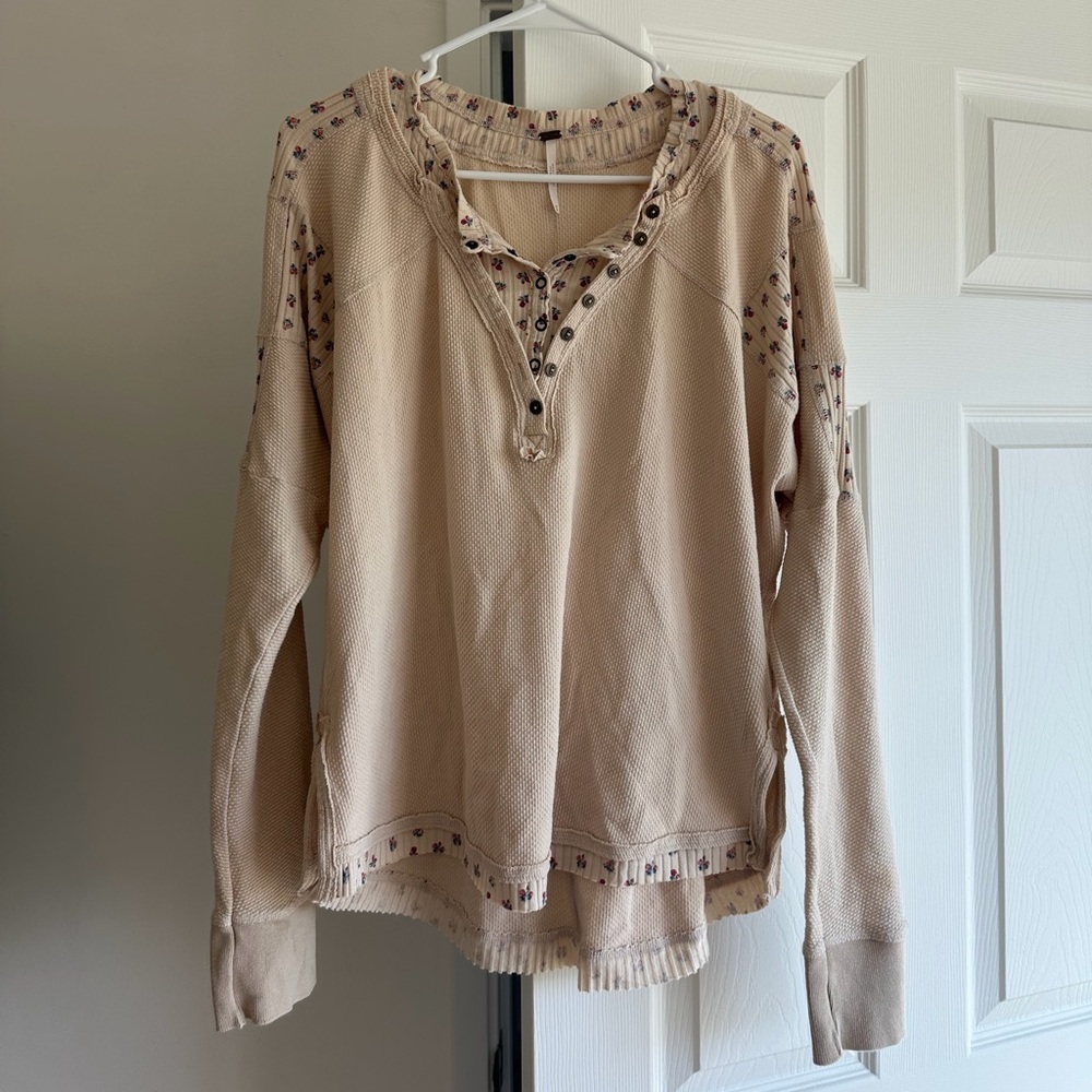 Free People Cream Floral Heart to Heart Henley Top